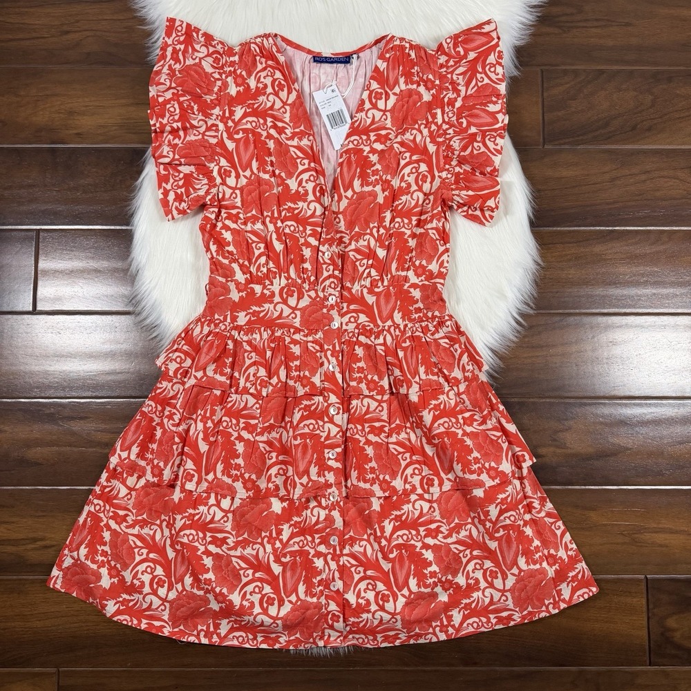 Ro's Garden Women's Size XS Hibiscus Floral Hunan Tiered Shirt Dress Button Up